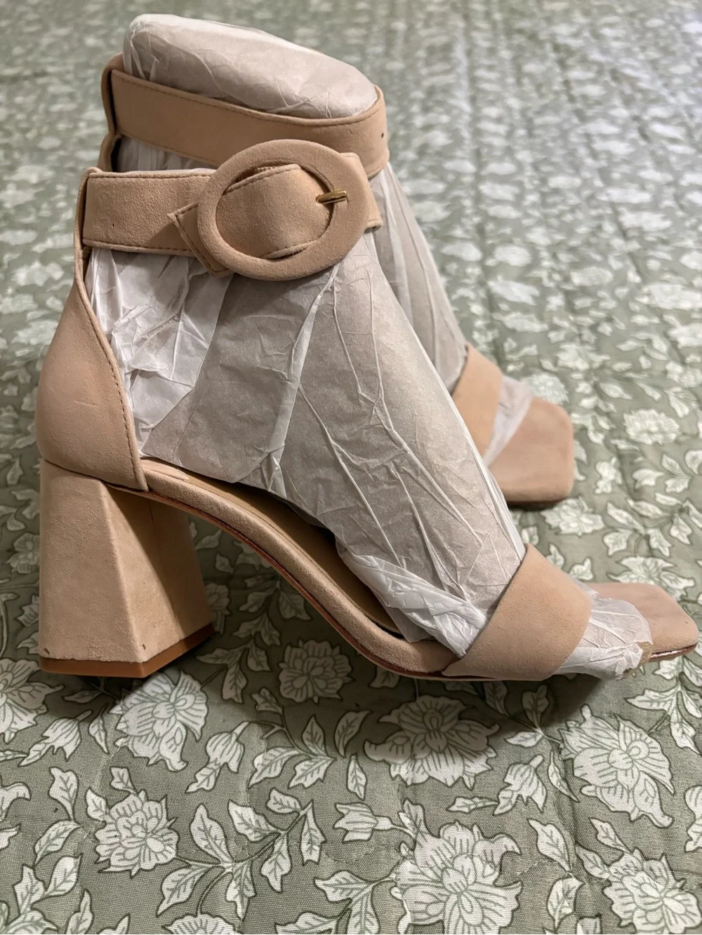 ANTONIO MELANI Blush Tan Block Heel Ankle-Strap Sandals